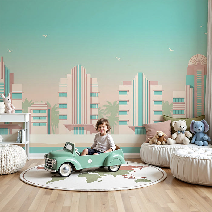 Papel de parede para quarto infantil | Cidade à beira-mar com edifícios art déco pastel
