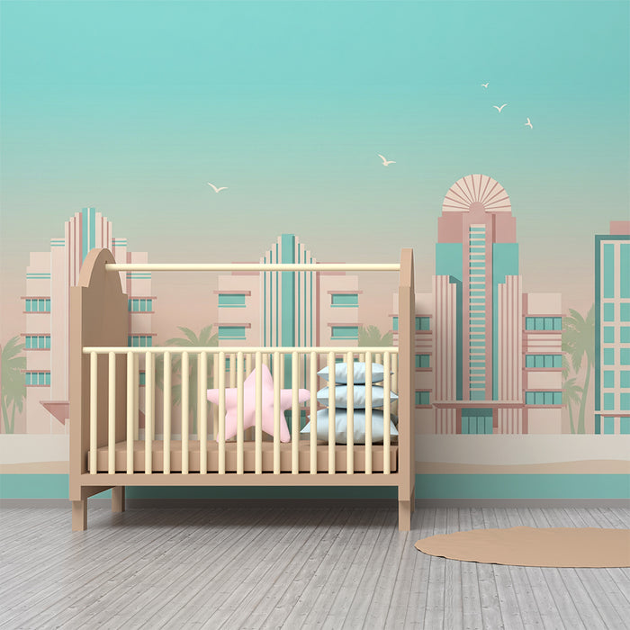 Papel de parede para quarto infantil | Cidade à beira-mar com edifícios art déco pastel