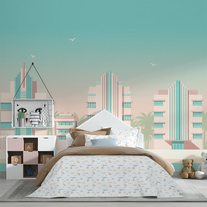Papel de parede para quarto infantil | Cidade à beira-mar com edifícios art déco pastel
