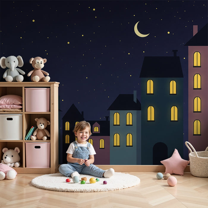 Kinderzimmer Tapete | Sternenstadt mit bunten Häusern und Nachthimmel