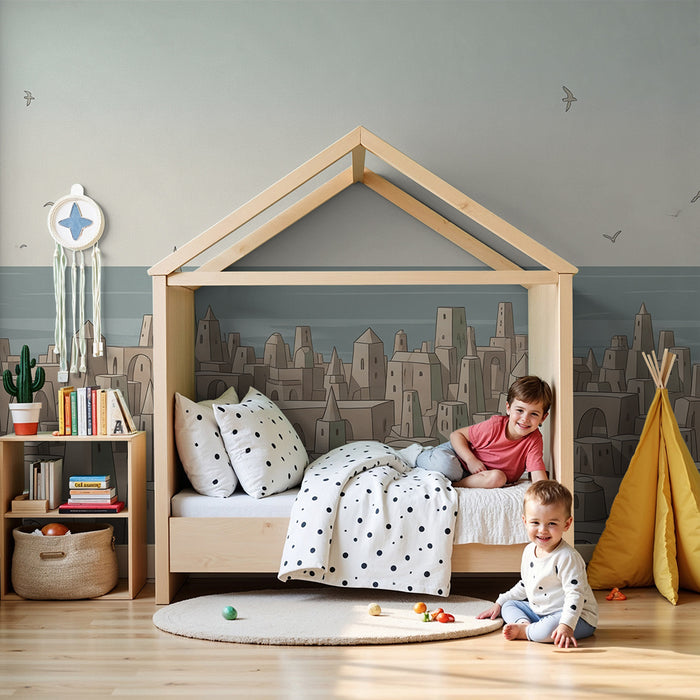 Papier peint chambre enfant | Ville imaginaire au bord de l'océan