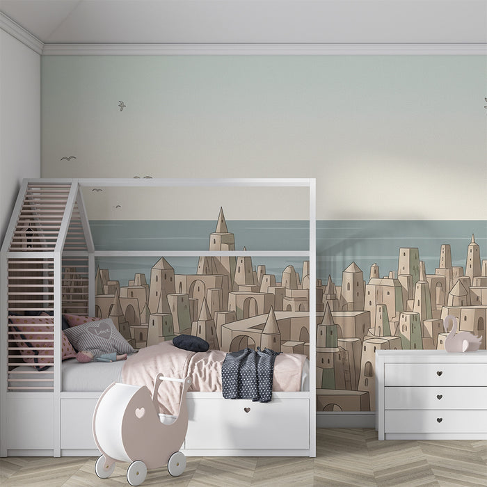 Papier peint chambre enfant | Ville imaginaire au bord de l'océan