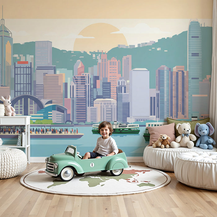 Kinderzimmer Tapete | Moderne Stadt mit Wolkenkratzern und bunten Fähren