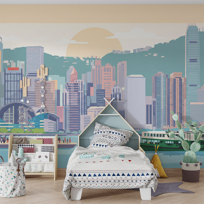 Kinderzimmer Tapete | Moderne Stadt mit Wolkenkratzern und bunten Fähren