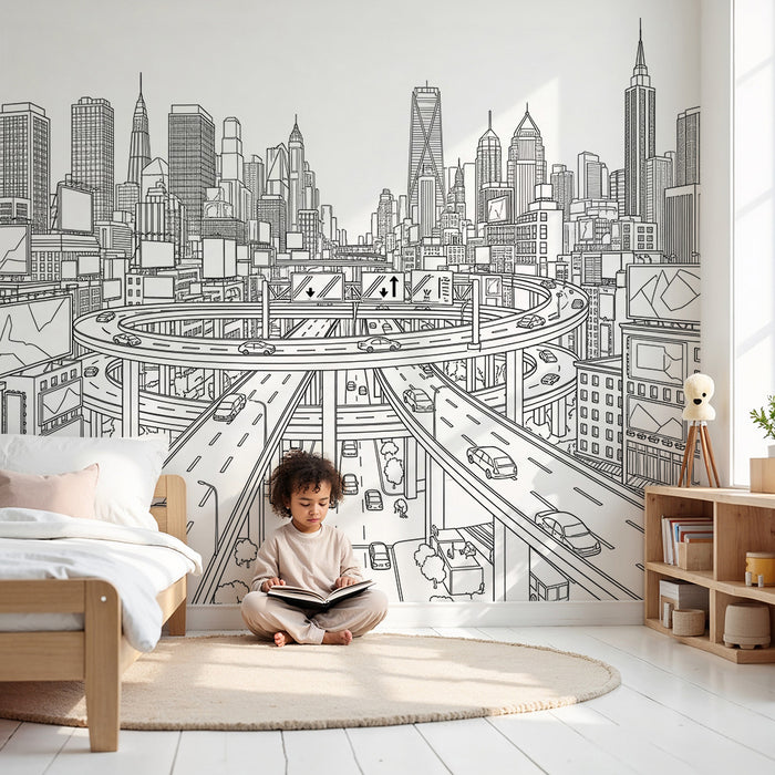 Barnetapet | Moderne by med skyskrapere og livlige gater