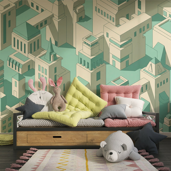 Papier peint chambre enfant | Ville moderne en 3D avec bâtiments stylisés