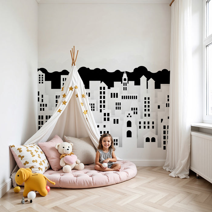 Gyermekszoba tapéta | Fekete-fehér modern városi környezet épület-sziluettekkel