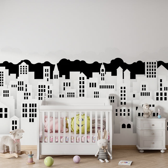 Gyermekszoba tapéta | Fekete-fehér modern városi környezet épület-sziluettekkel
