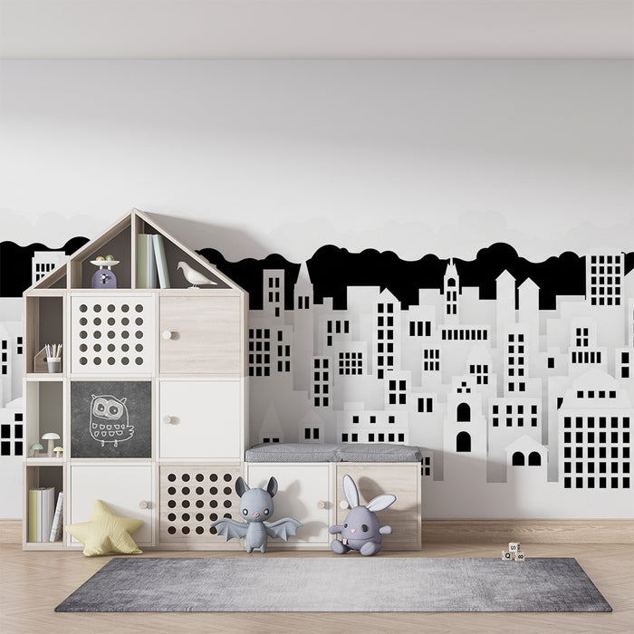 Gyermekszoba tapéta | Fekete-fehér modern városi környezet épület-sziluettekkel