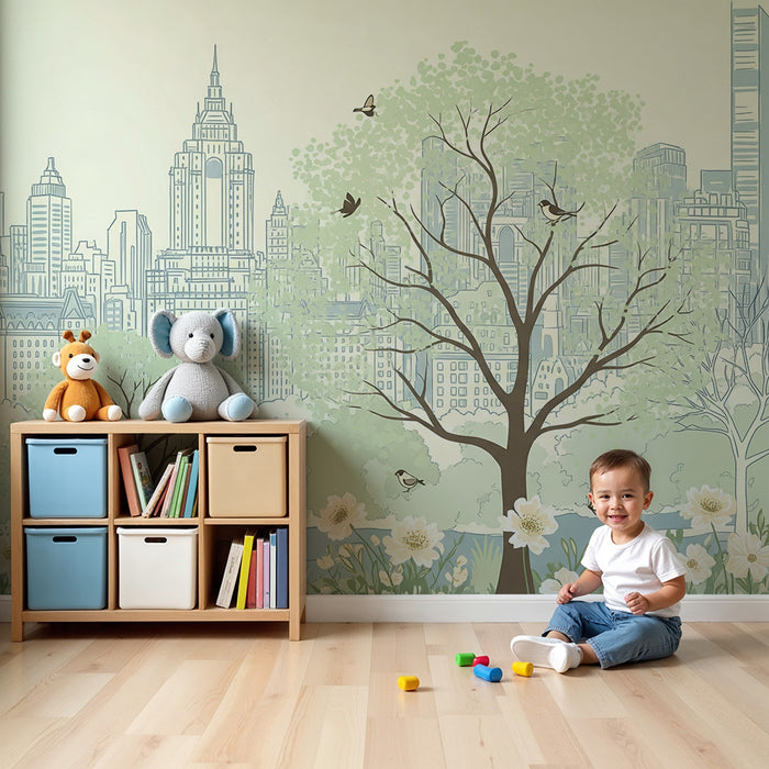 Carta da parati per camera bambini | Città moderna e natura rigogliosa con uccelli e farfalle