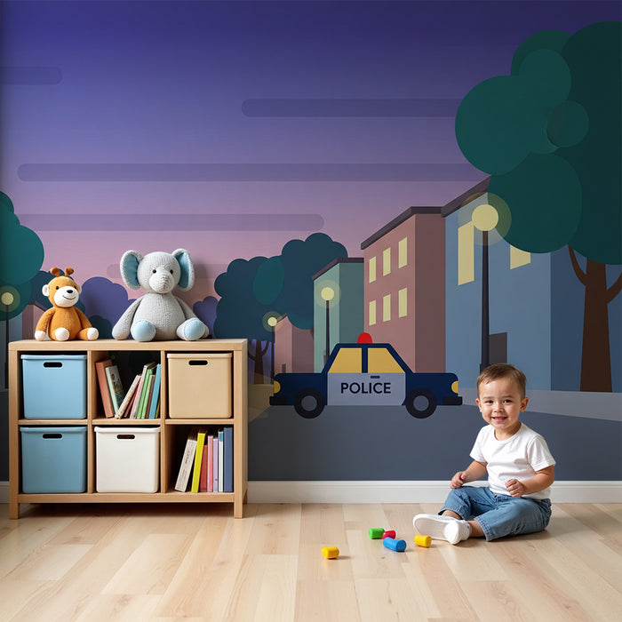 Behang kinderkamer | Rustige stad met politieauto en schemerlucht