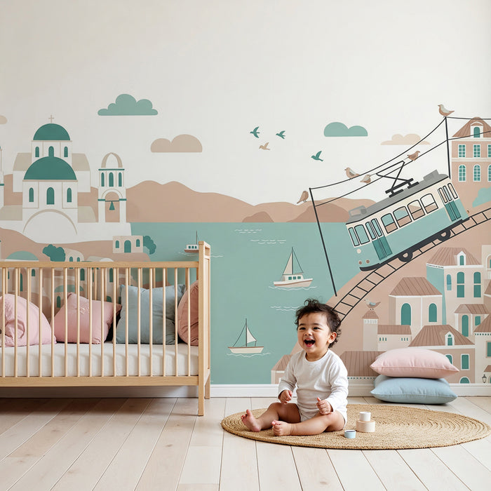 Papel de parede para quarto infantil | Cidade pitoresca com elétrico e canais