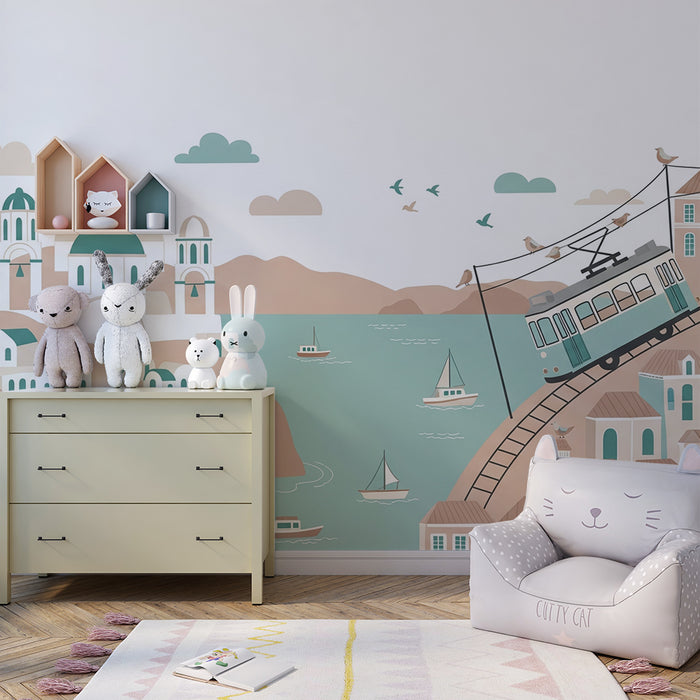 Papel de parede para quarto infantil | Cidade pitoresca com elétrico e canais