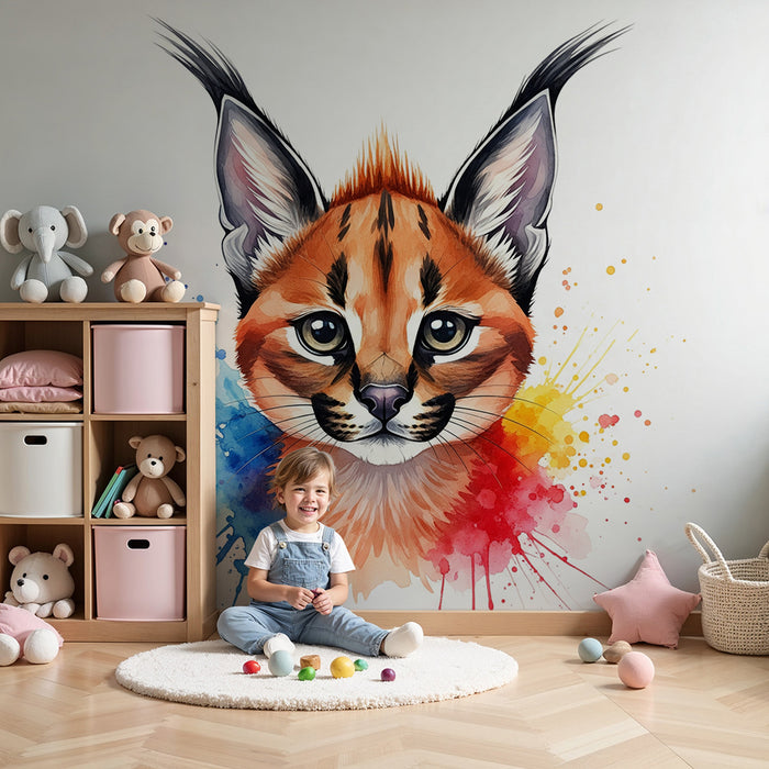 Kids' Room Wallpaper | Colorful Lynx Face with Artistic Splatter Effect