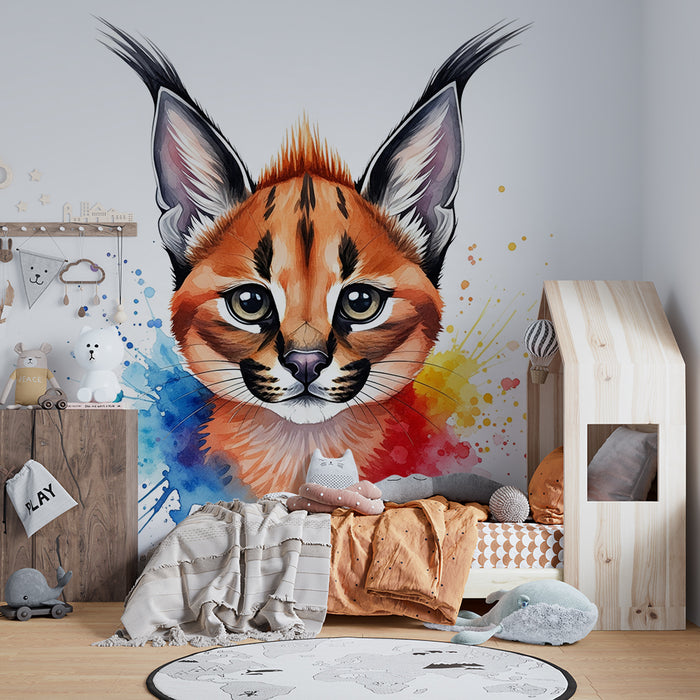 Kids' Room Wallpaper | Colorful Lynx Face with Artistic Splatter Effect