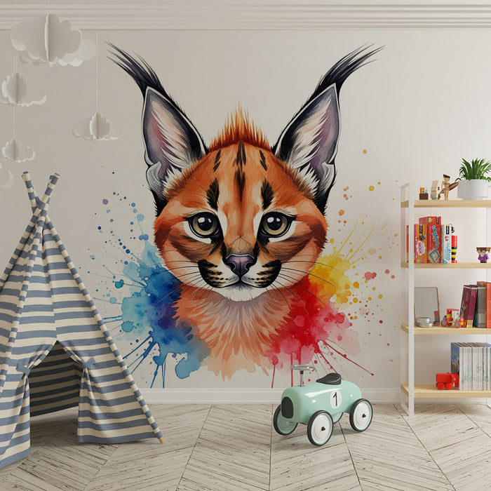 Kids' Room Wallpaper | Colorful Lynx Face with Artistic Splatter Effect