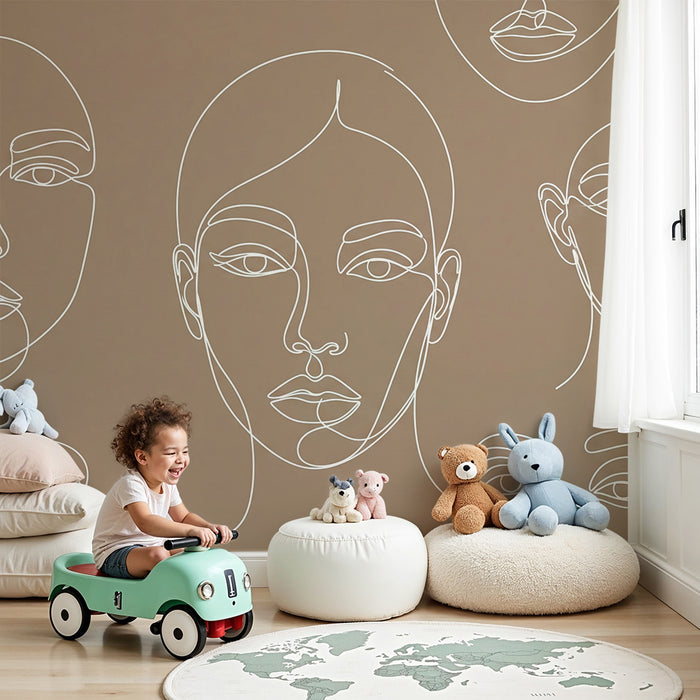 Papier peint chambre enfant | Visages abstraits en lignes blanches sur fond beige