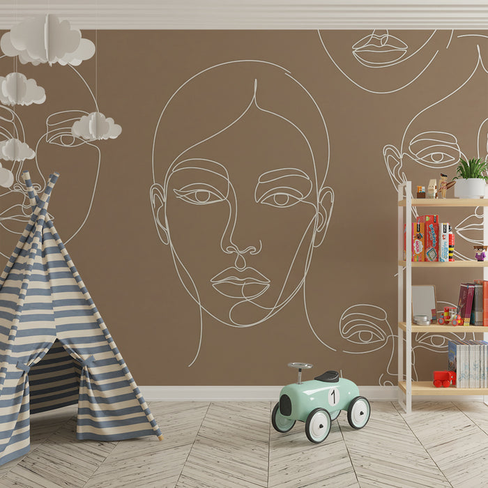Papier peint chambre enfant | Visages abstraits en lignes blanches sur fond beige
