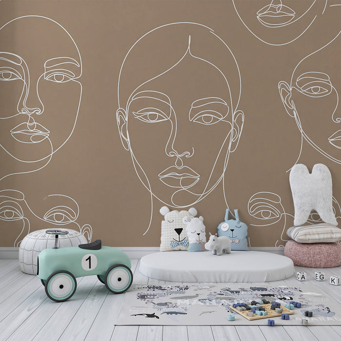 Papier peint chambre enfant | Visages abstraits en lignes blanches sur fond beige