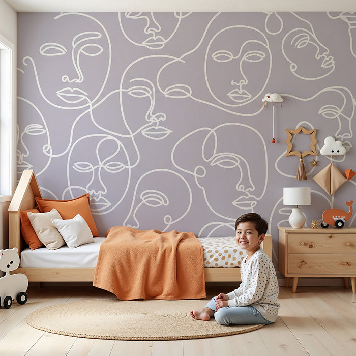 Kids' Room Wallpaper | Abstract Faces with White Lines on Lilac Background