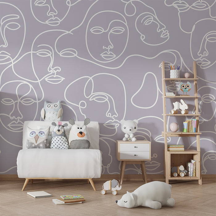 Kids' Room Wallpaper | Abstract Faces with White Lines on Lilac Background