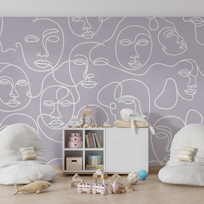 Kids' Room Wallpaper | Abstract Faces with White Lines on Lilac Background