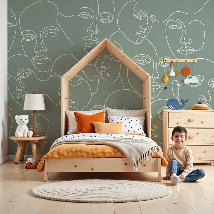 Papel de parede para quarto de criança | Rostos abstratos com linhas brancas sobre fundo verde