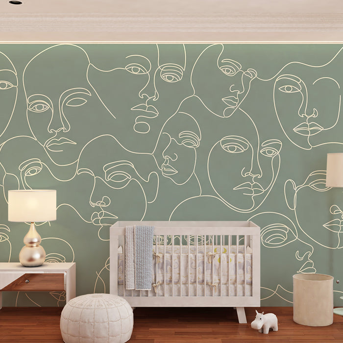 Papel de parede para quarto de criança | Rostos abstratos com linhas brancas sobre fundo verde