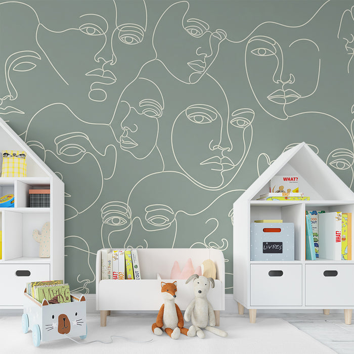 Papel de parede para quarto de criança | Rostos abstratos com linhas brancas sobre fundo verde