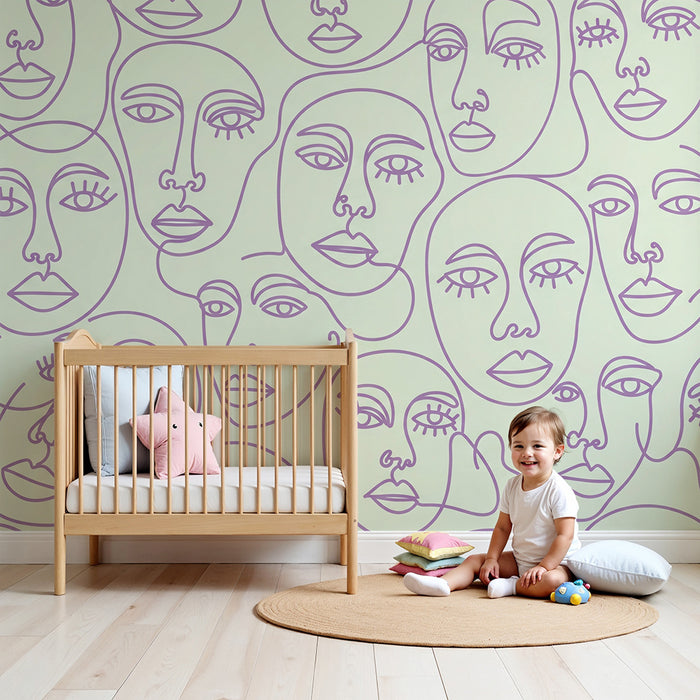 Behang kinderkamer | Abstracte gezichten in delicate lijnen op pastel achtergrond