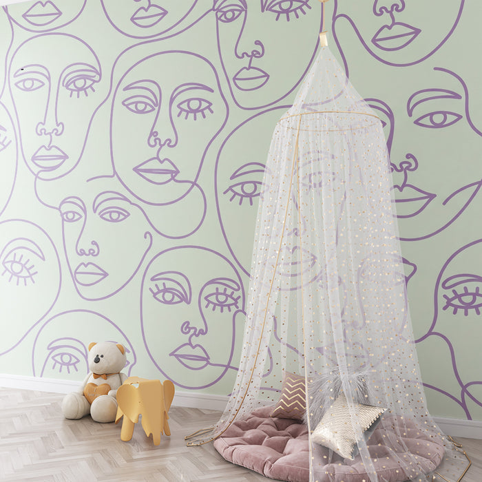 Behang kinderkamer | Abstracte gezichten in delicate lijnen op pastel achtergrond