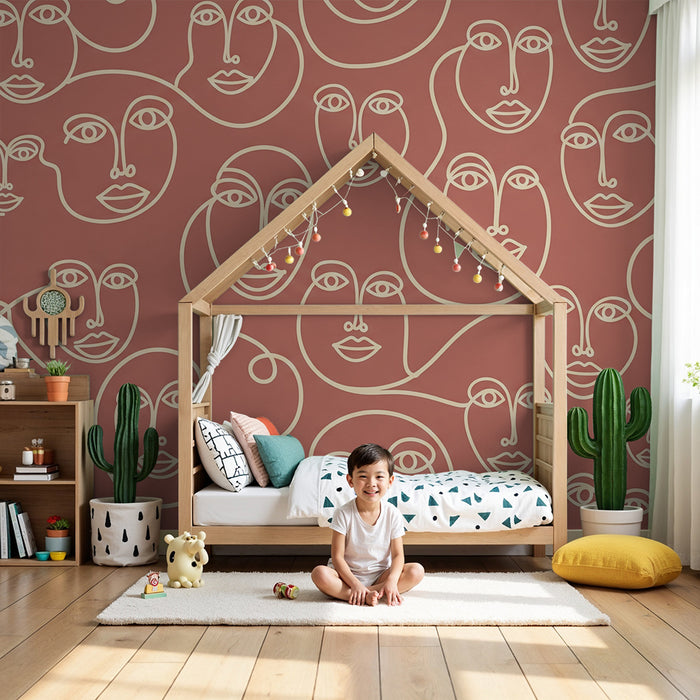 Kids' room wallpaper | Abstract line faces on terracotta background
