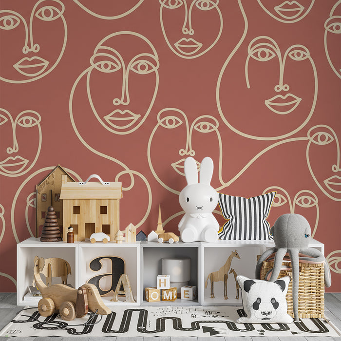 Kids' room wallpaper | Abstract line faces on terracotta background