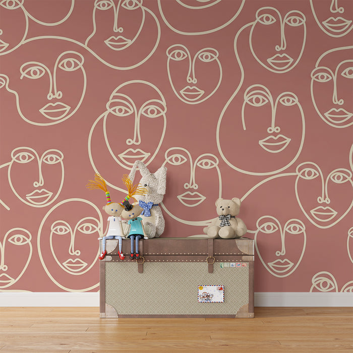 Kids' room wallpaper | Abstract line faces on terracotta background