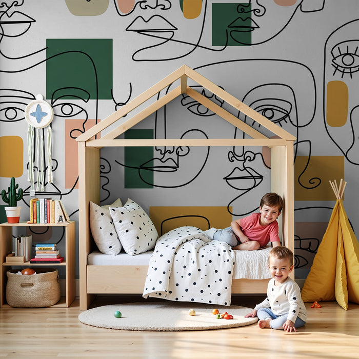Kinderzimmer-Tapete | Abstrakte Gesichter und bunte geometrische Formen