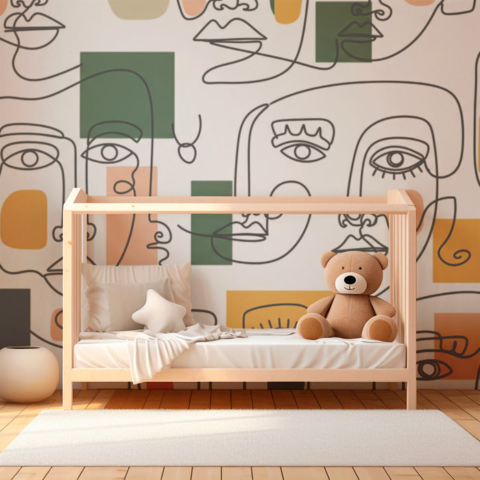 Kinderzimmer-Tapete | Abstrakte Gesichter und bunte geometrische Formen