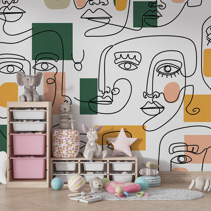 Kinderzimmer-Tapete | Abstrakte Gesichter und bunte geometrische Formen
