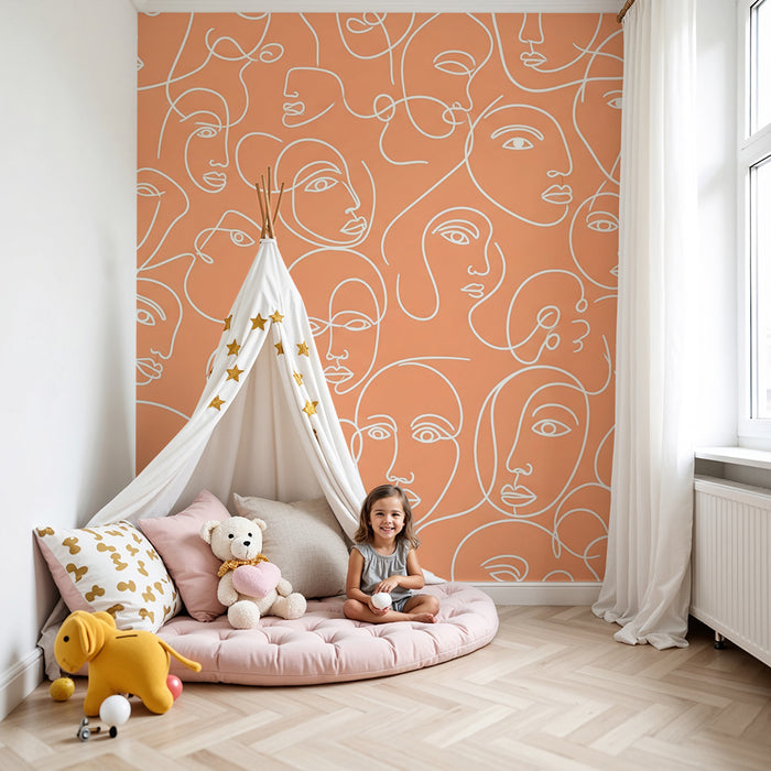 Kids' Room Wallpaper | Abstract Faces on Coral Background