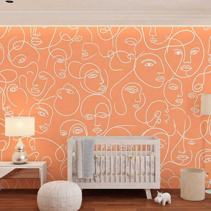 Kids' Room Wallpaper | Abstract Faces on Coral Background