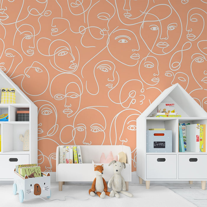 Kids' Room Wallpaper | Abstract Faces on Coral Background