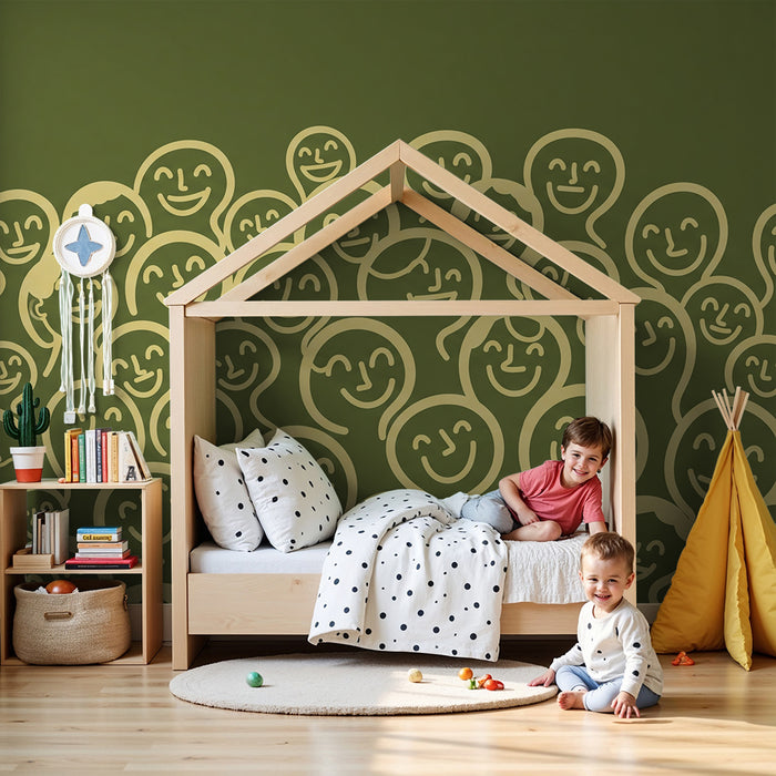 Kids' Room Wallpaper | Smiling Faces on Olive Green Background
