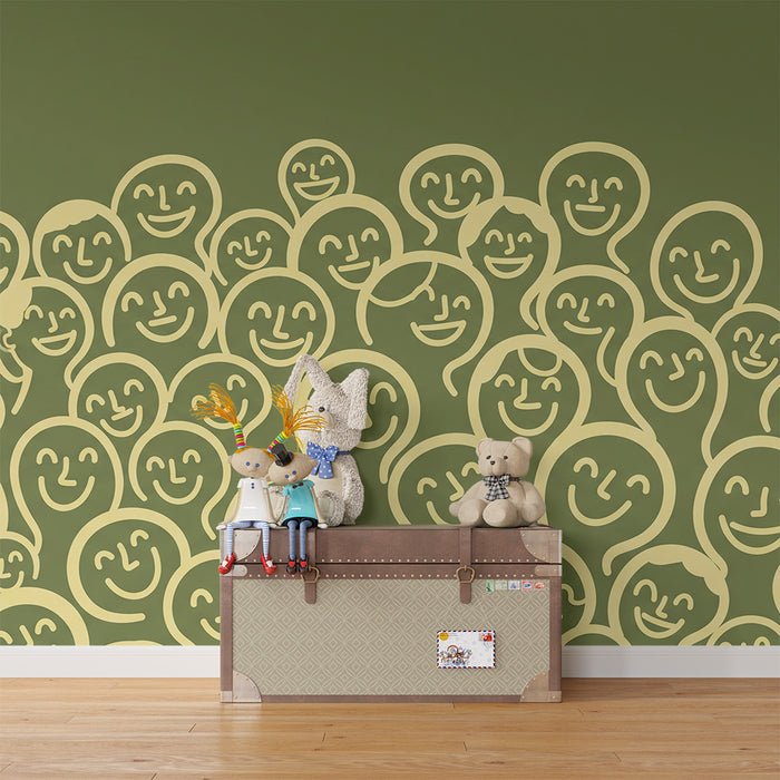 Kids' Room Wallpaper | Smiling Faces on Olive Green Background