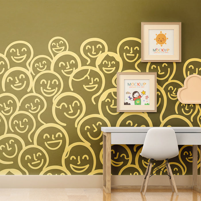 Kids' Room Wallpaper | Smiling Faces on Olive Green Background