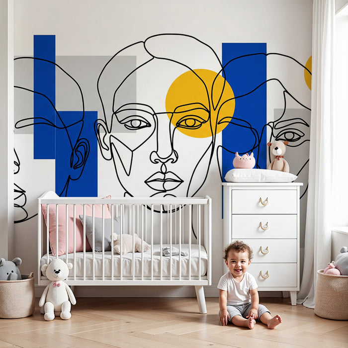 Kinderzimmer-Tapete | Stilisierte Gesichter mit farbigen geometrischen Formen