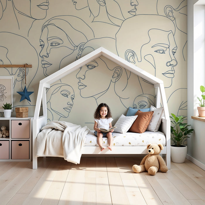 Kids' Room Wallpaper | Stylized Line Art Faces on a Soft Background