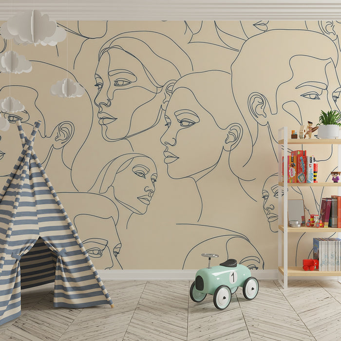 Kids' Room Wallpaper | Stylized Line Art Faces on a Soft Background