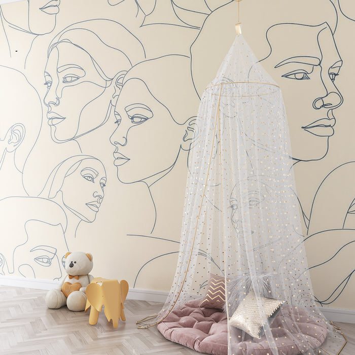Kids' Room Wallpaper | Stylized Line Art Faces on a Soft Background