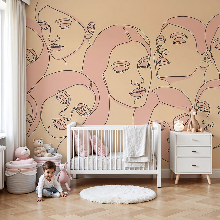 Kids' Room Wallpaper | Stylized Line Art Faces on Pastel Background