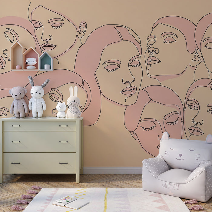 Kids' Room Wallpaper | Stylized Line Art Faces on Pastel Background