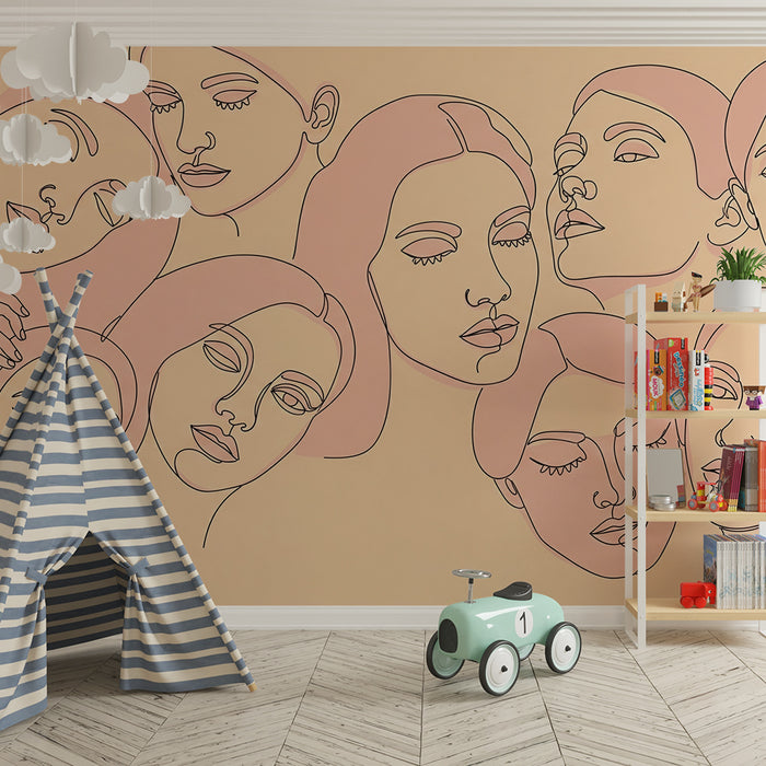 Kids' Room Wallpaper | Stylized Line Art Faces on Pastel Background